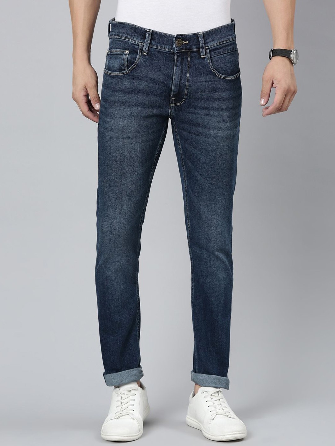 

American Bull Men Cotton Skinny Fit Light Fade Stretchable Casual Jeans, Blue