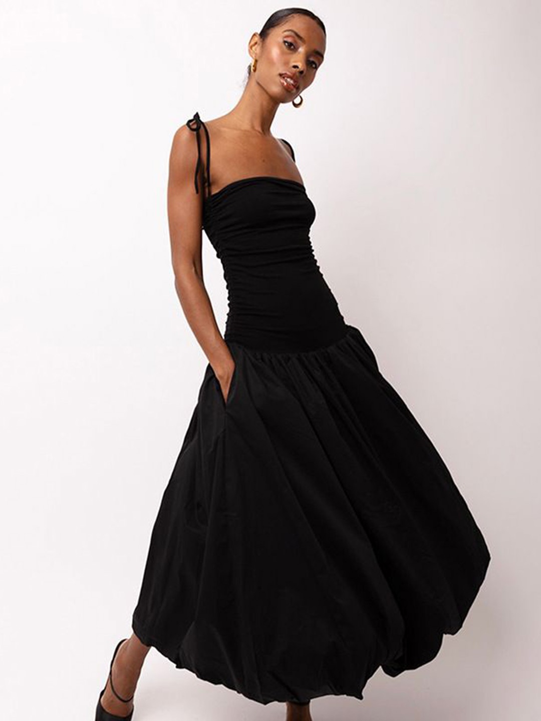 

MIAKEE Women Shoulder Straps Fit & Flare Maxi Party Dress, Black