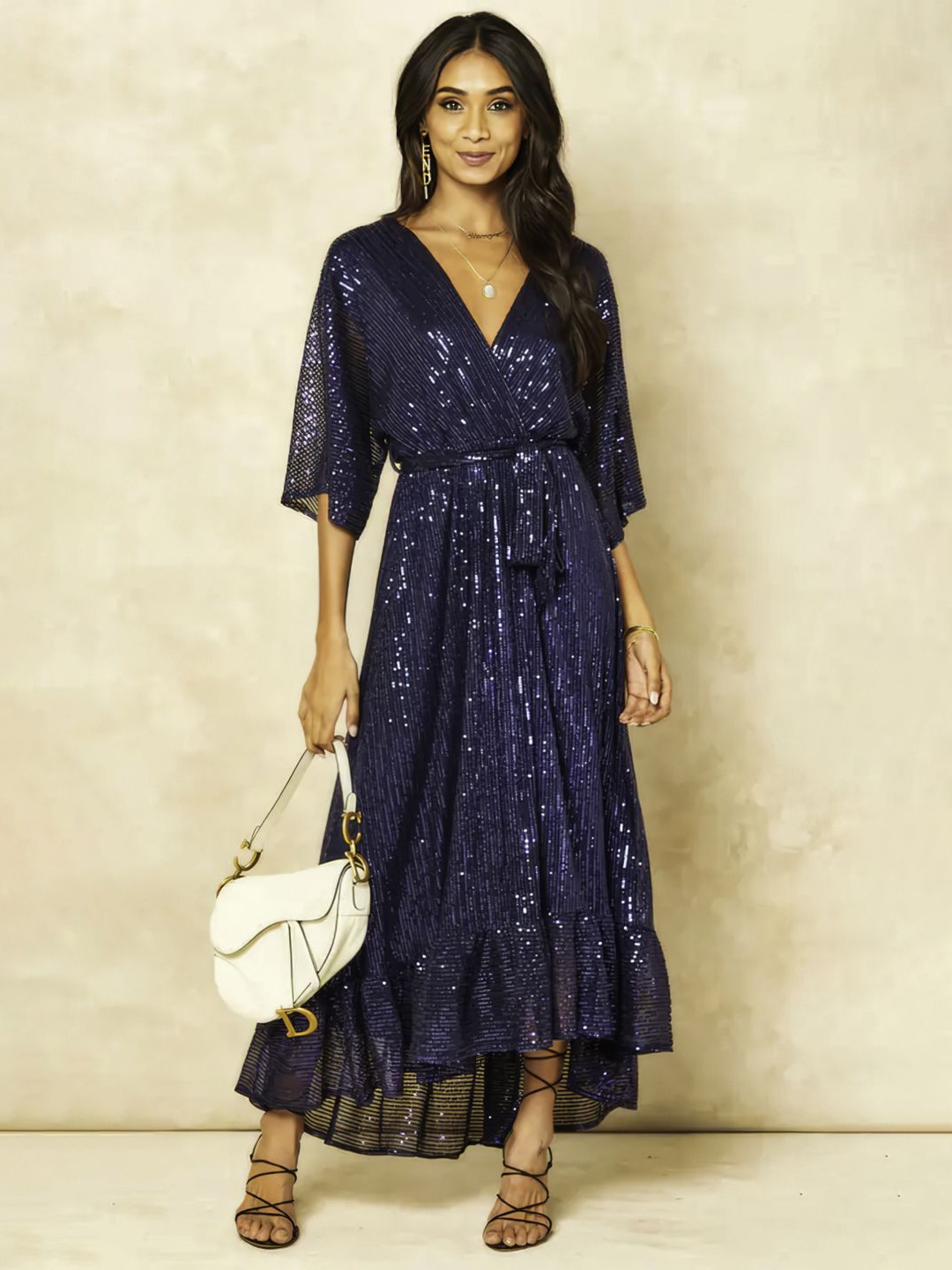 

Womenue Women Floral Flared Sleeves Velvet Maxi Dress, Blue