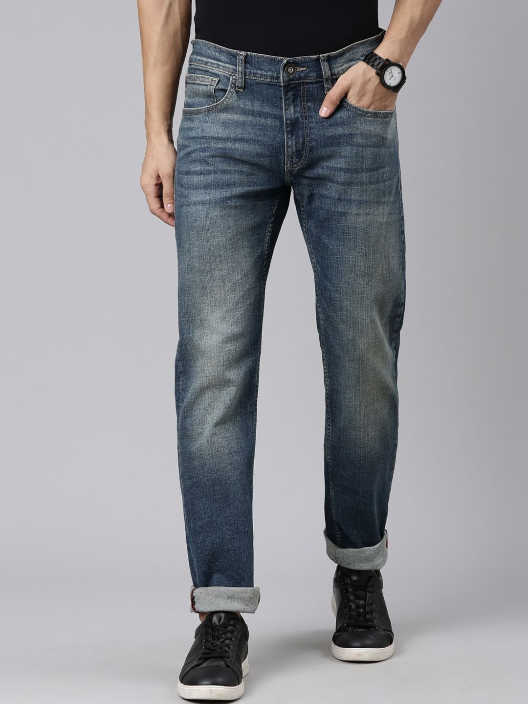 

American Bull Men Cotton Slim Fit Mid-Rise Heavy Fade Jeans, Blue