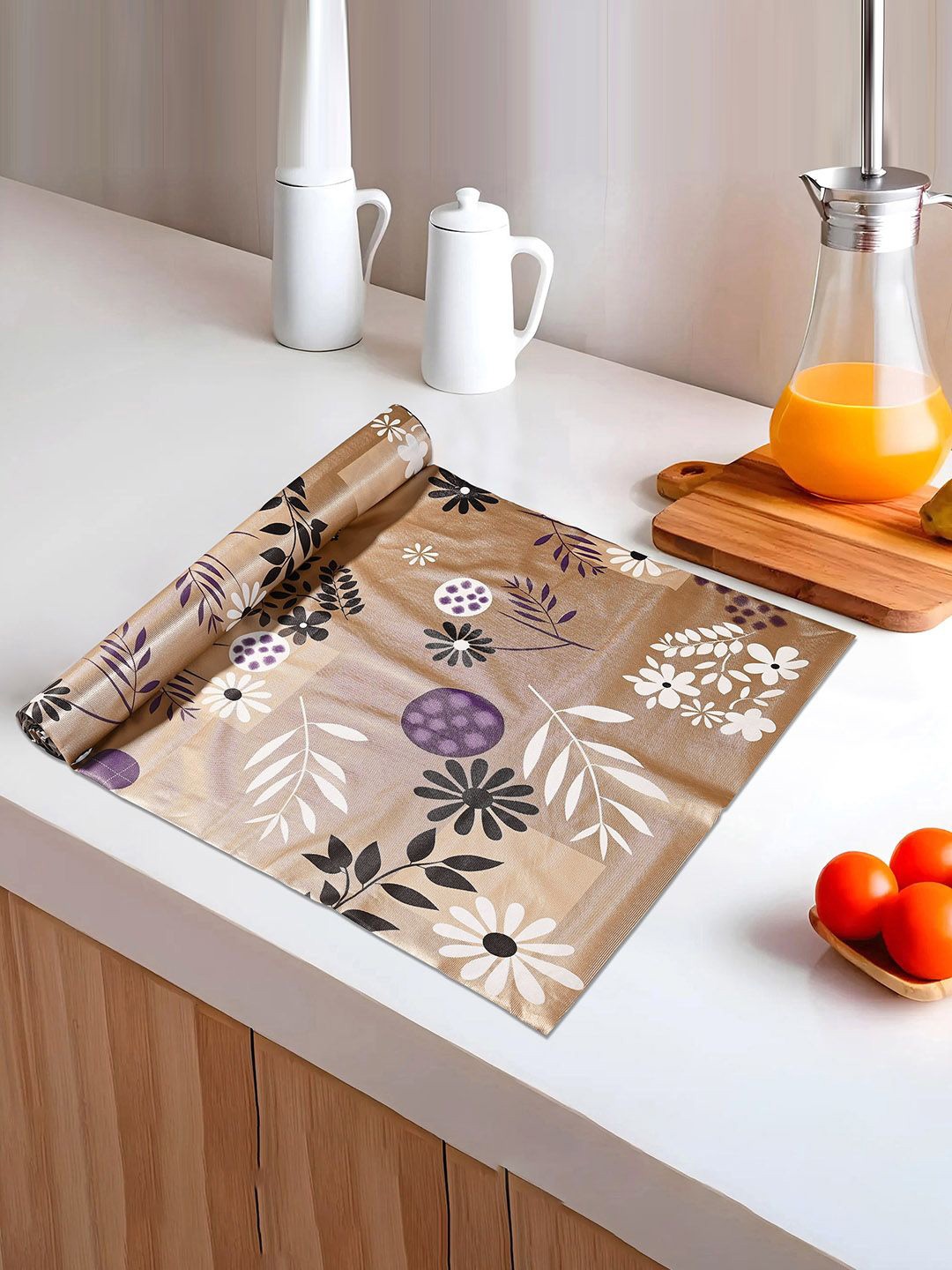

Kuber Industries Brown Floral Printed Water Resistant Shelf Liner