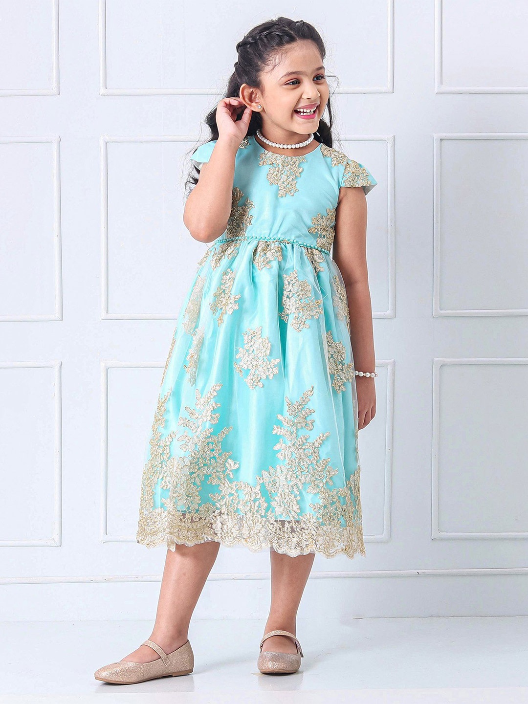 

Mark & Mia Girls Floral Cape Sleeve Fit - Flare Midi Dress, Blue