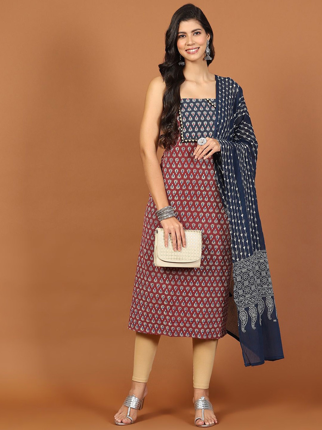 

Meena Bazaar Ethnic Motifs Printed Unstitched Dress Material, Maroon