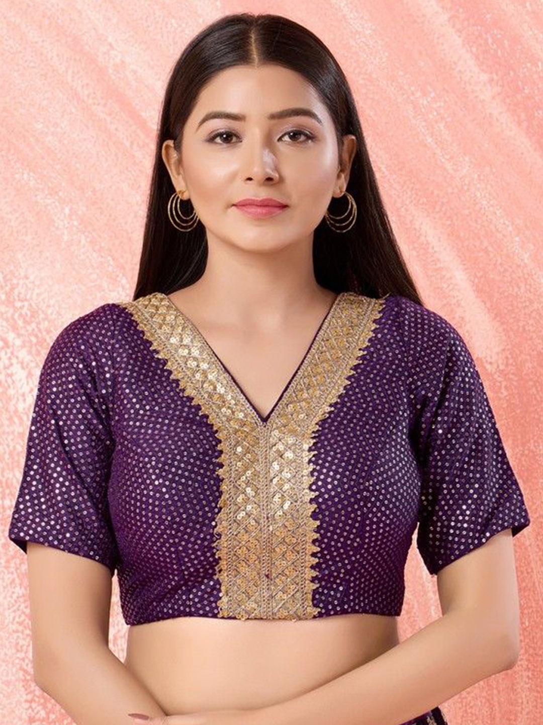 

Mmore Sequin Embroidered Padded Saree Blouse, Purple
