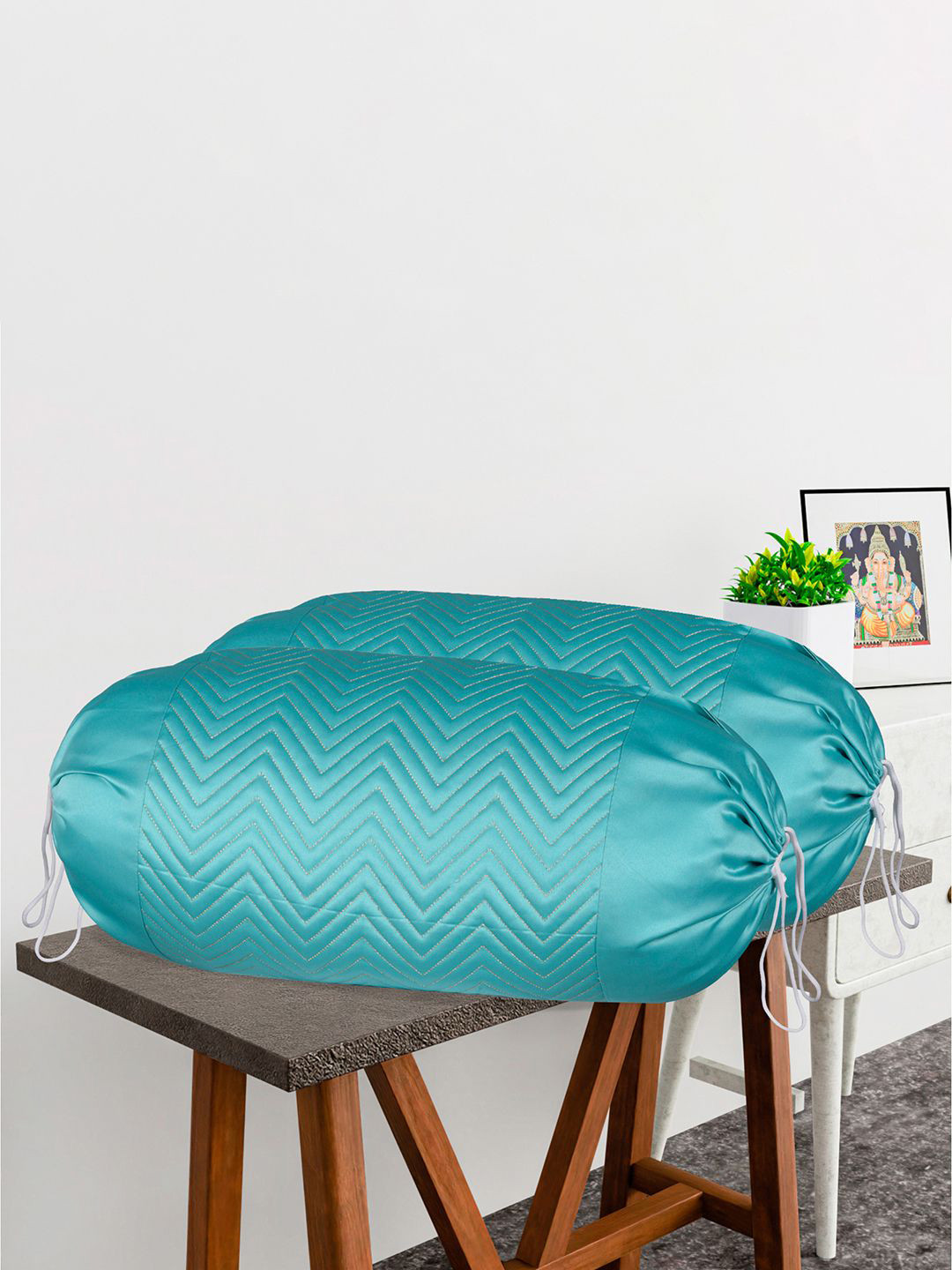 

Kuber Industries Green 6 Pieces Zig Zag Embroidered Bolster Covers