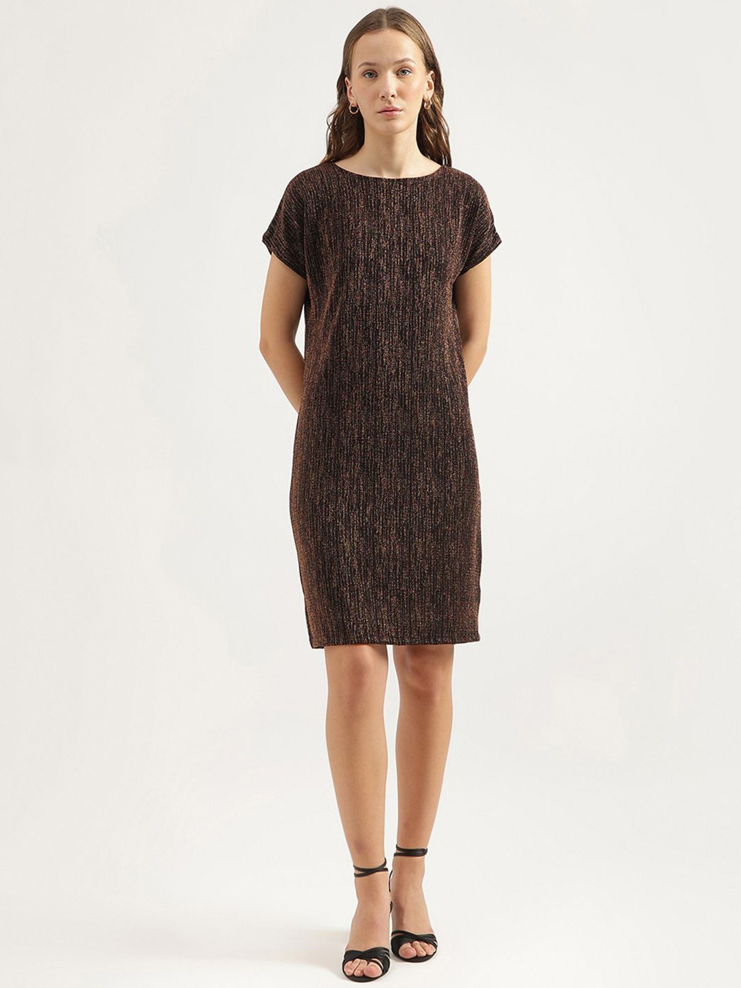 

United Colors of Benetton Women Self Design Boat Neck Sheath Dress, Black