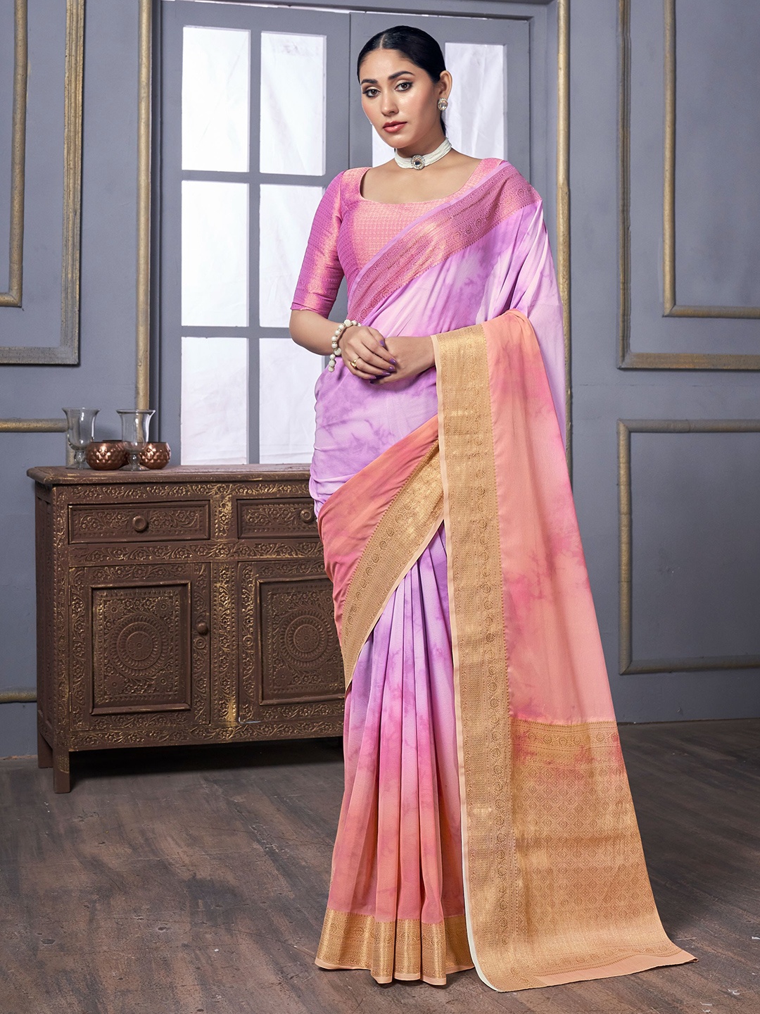

SUI DHAGA Colourblocked Woven Design Zari Pure Cotton Saree, Purple