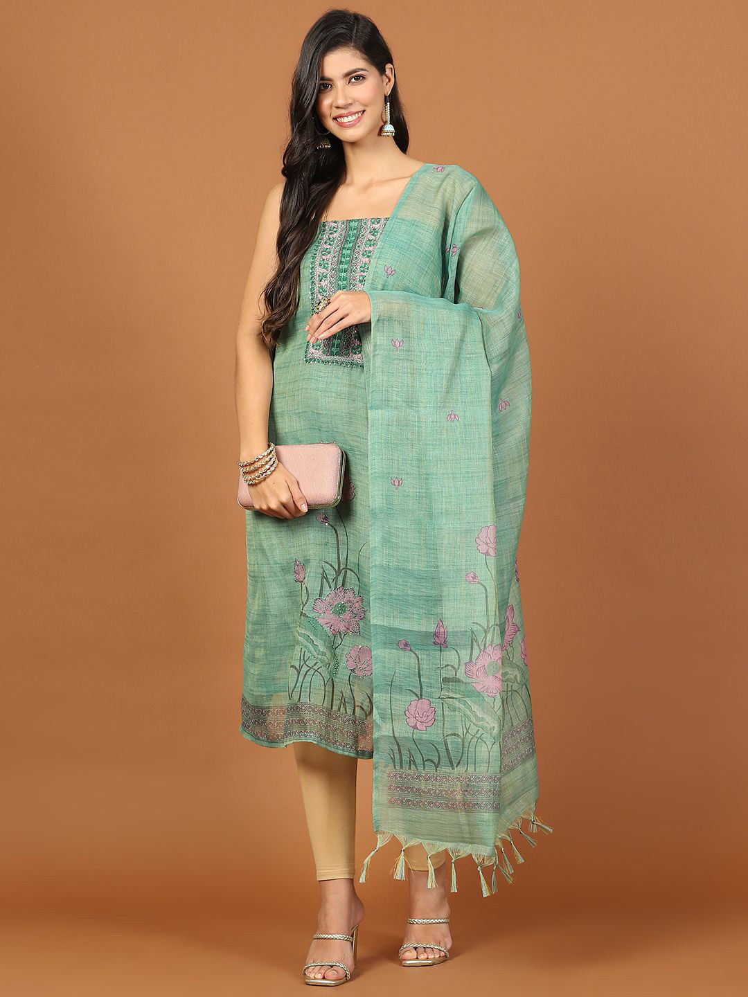 

Meena Bazaar Thread Embroidery & Floral Printed Cotton Unstitched Dress Material, Green