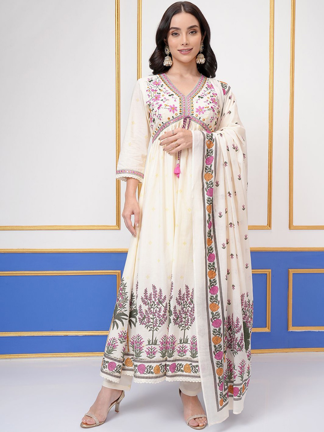 

Vishudh Floral Printed V-Neck Empire Thread Work Pure Cotton Kurta & Trouser With Dupatta, Cream