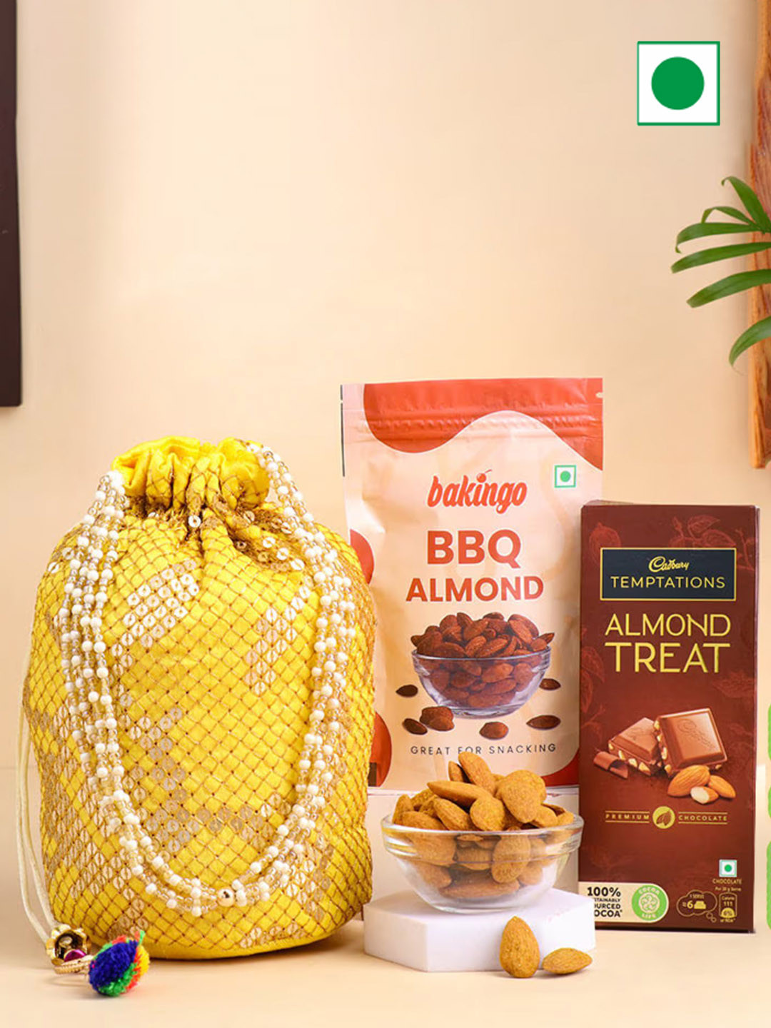 

Floweraura Pearl Potli Bag With BBQ Almonds & Almond Chocolate, Yellow