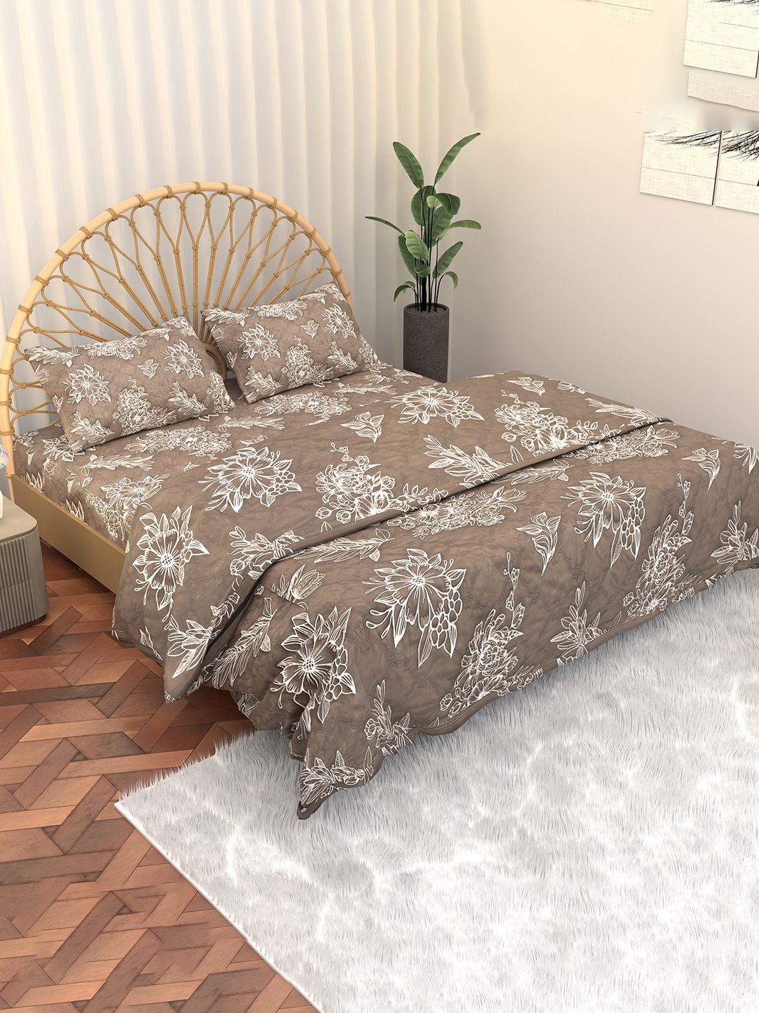 

Kuber Industries Set of 1 Brown & White 4 Pieces Floral Printed Cotton Bedding Set