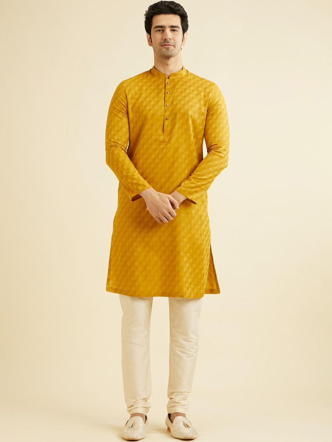 

Manyavar Geometric Woven Design Mandarin Collar Pure Cotton Straight Kurta With Trousers, Mustard