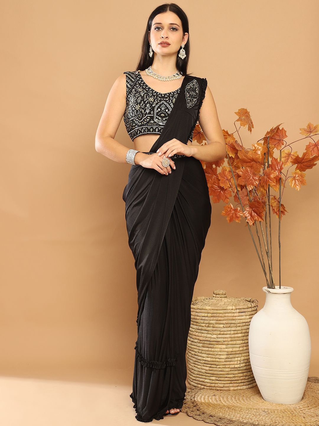 

Grancy Women Black Ready to Wear Saree With Stitched Blouse