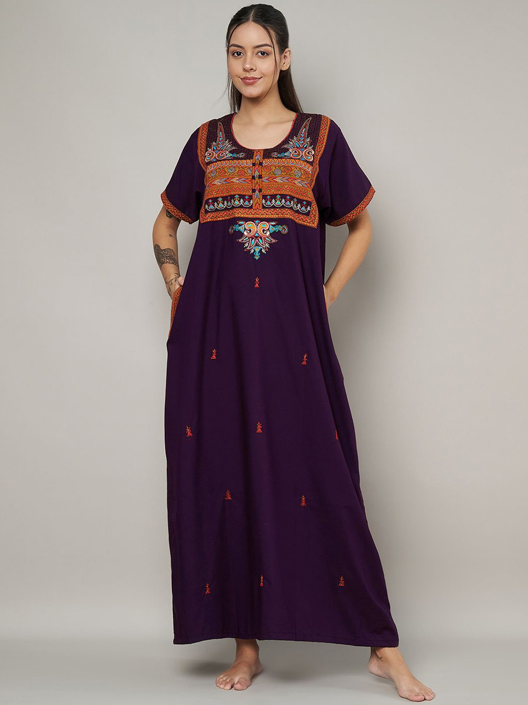 

KOI SLEEPWEAR Women Ethnic Motifs Embroidered Maxi Nightdress, Purple