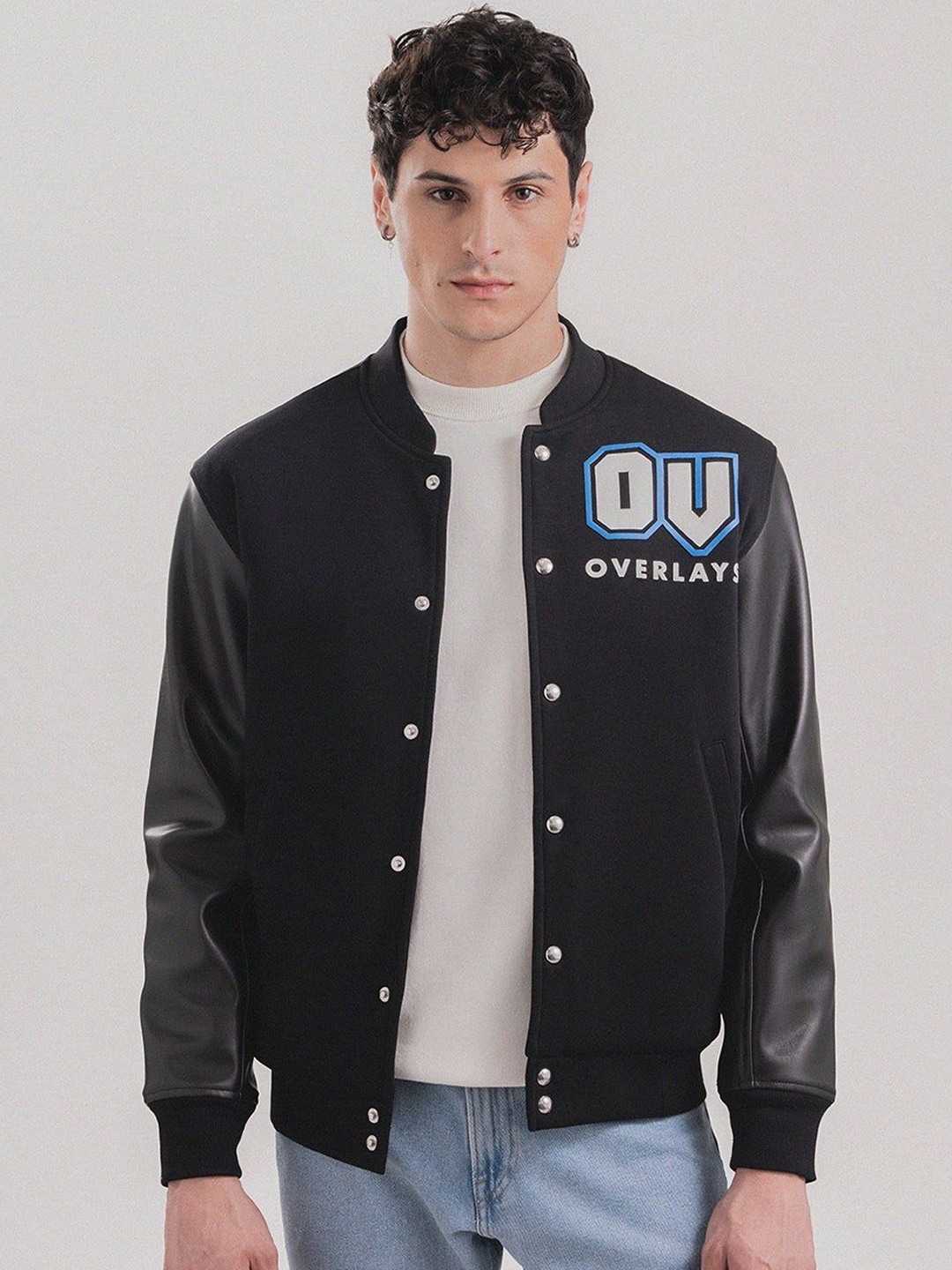 

Overlays Men Stand Collar Graphic Printed Cotton Casual Bomber Jacket, Black