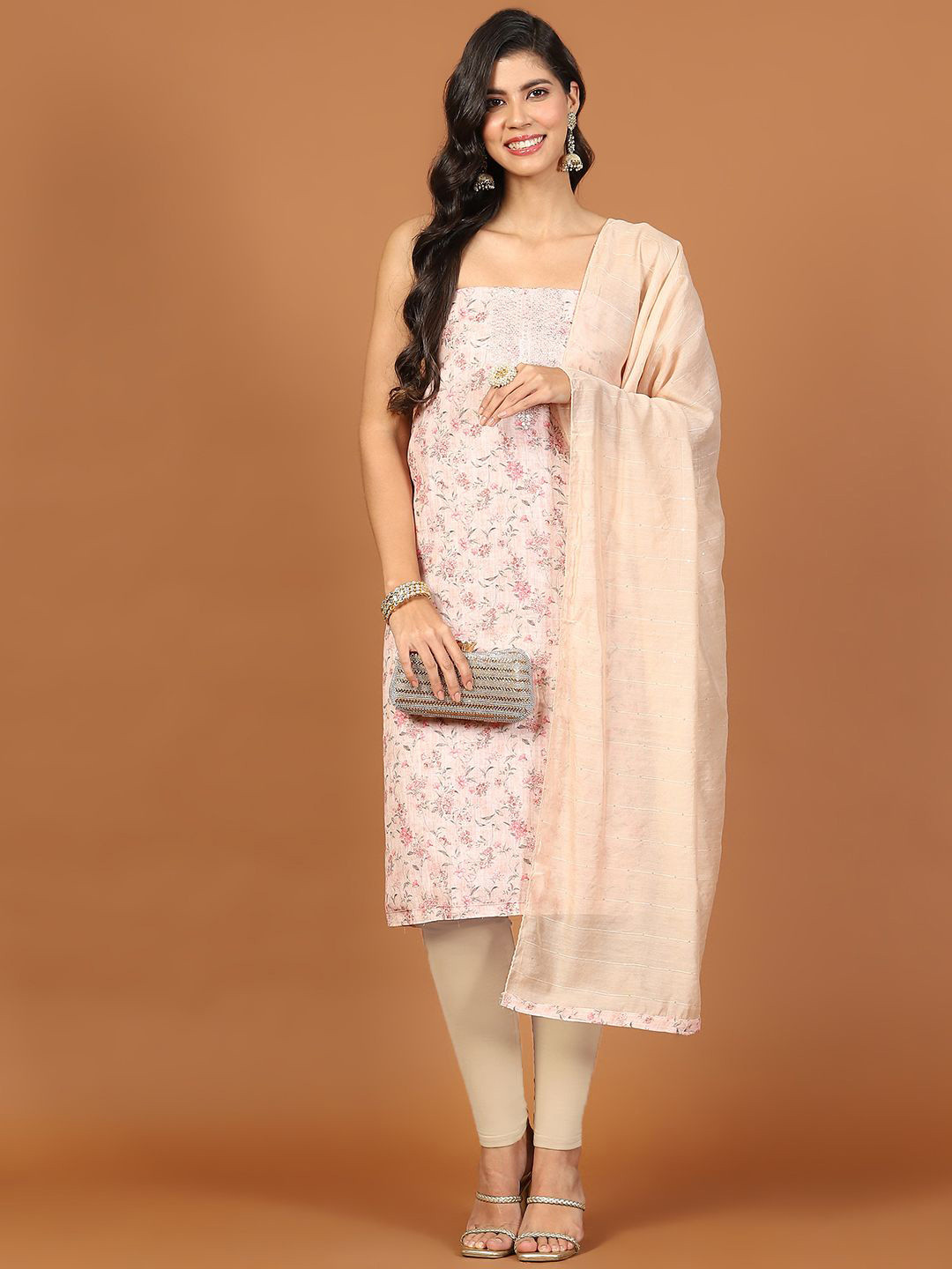 

Meena Bazaar Floral Printed Sequinned Cotton Unstitched Dress Material, Peach