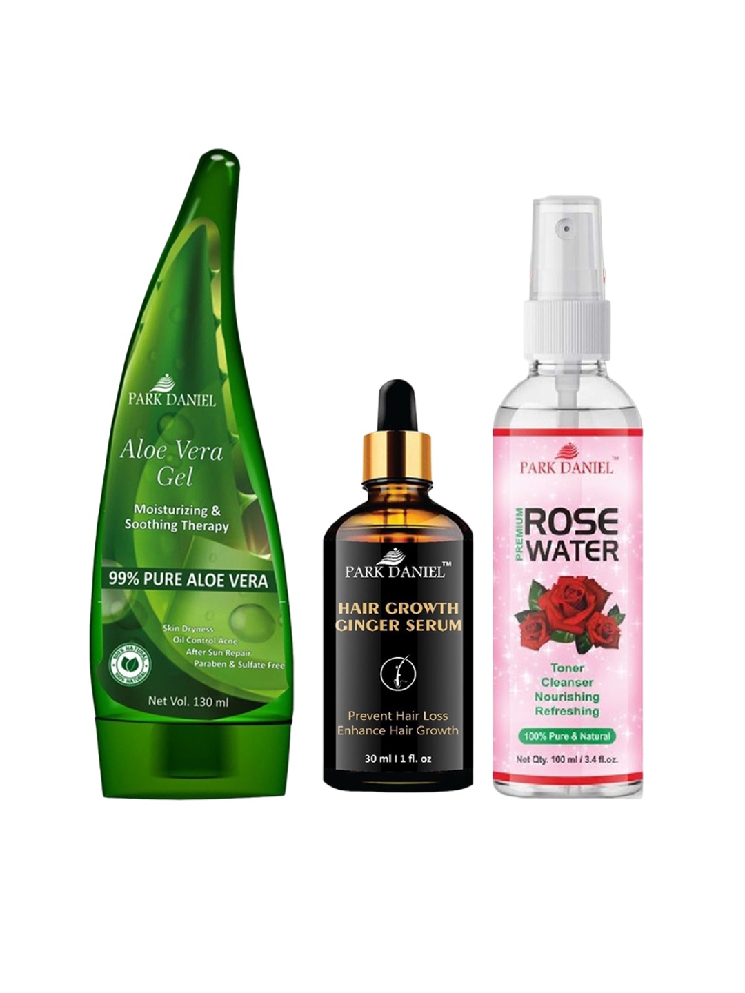 

Park Daniel Set Of 99% Aloe Vera Gel 130ml With Hair Growth Serum 30ml & Rose Water 100ml, Multi