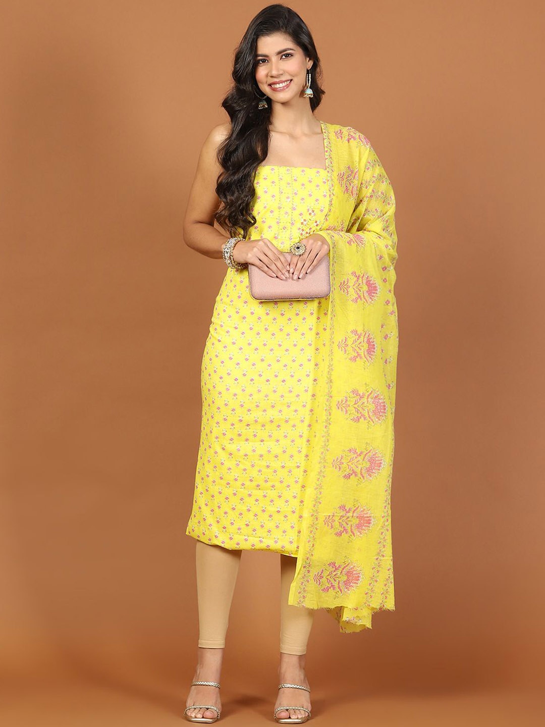 

Meena Bazaar Floral Printed Sequinned Unstitched Dress Material, Yellow