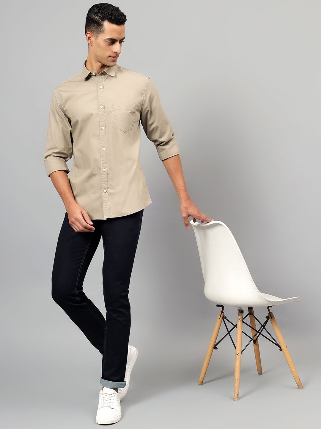 

Cantabil Men Spread Collar Solid Cotton Casual Shirt, Beige