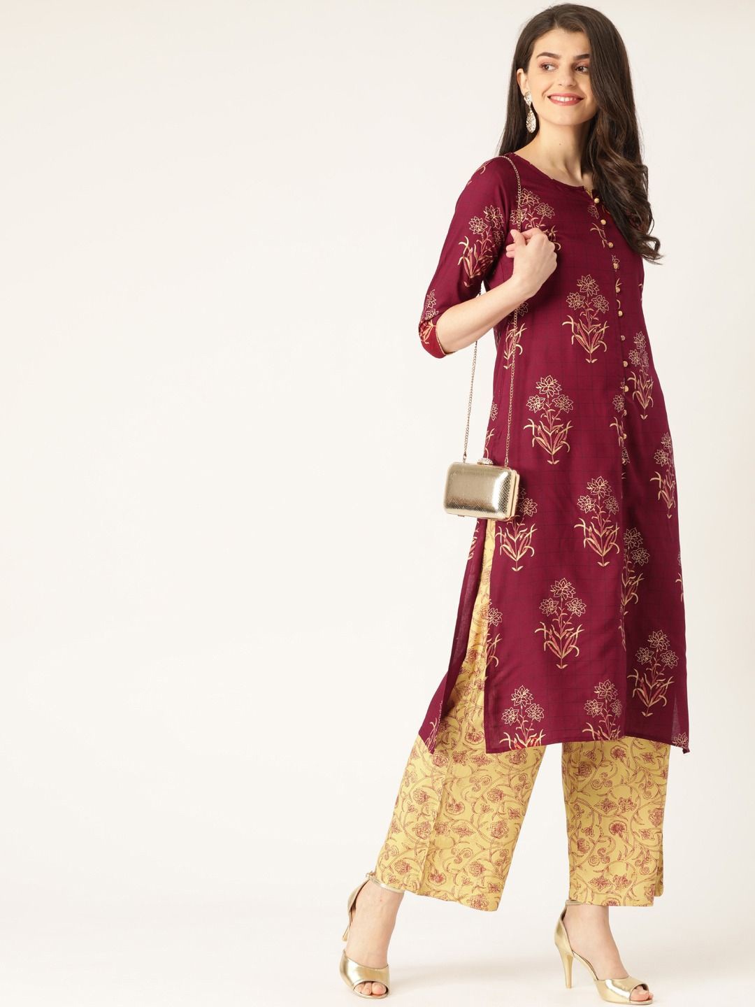 

Anouk Burgundy Floral Printed Straight Kurta With Palazzo
