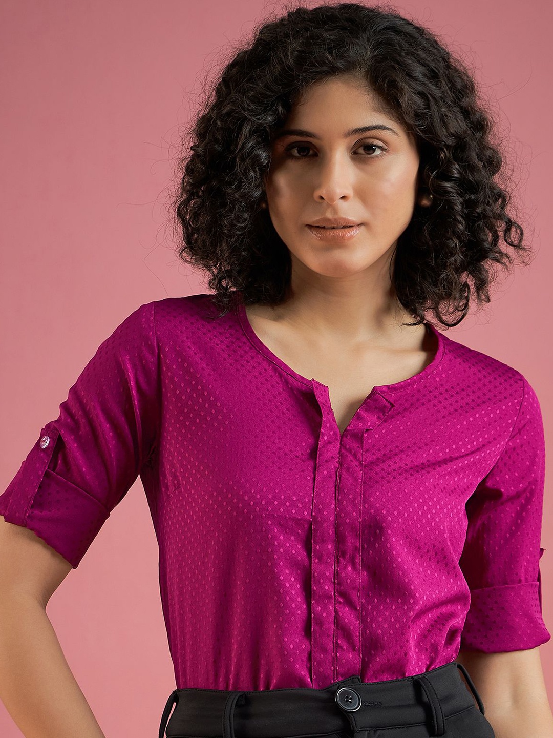 

Mayra Women Roll-Up Sleeves Crepe Shirt Style Top, Fuchsia