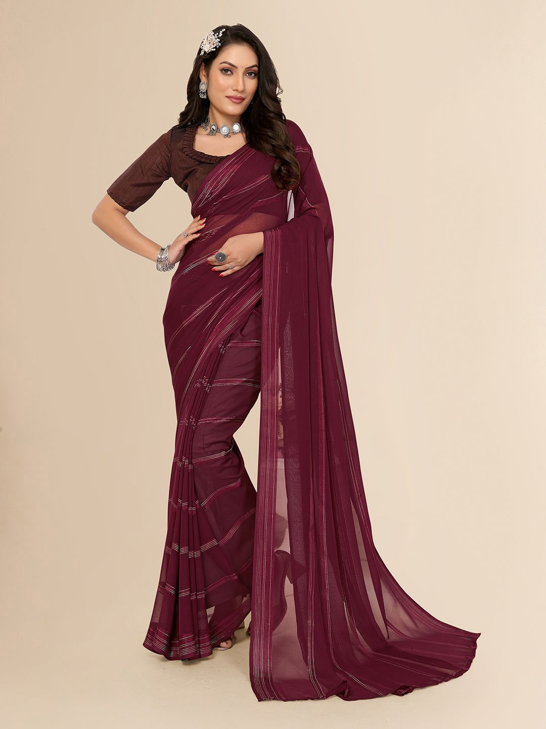 

Moda Rapido Striped Satin Saree, Maroon