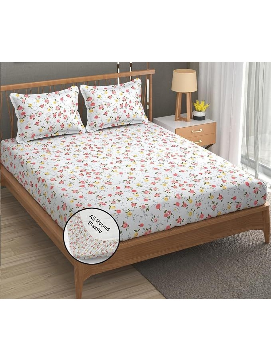 

MORADO White & Pink Floral 210 TC Queen Bedsheet Set 1.8 x 1.9 Mts