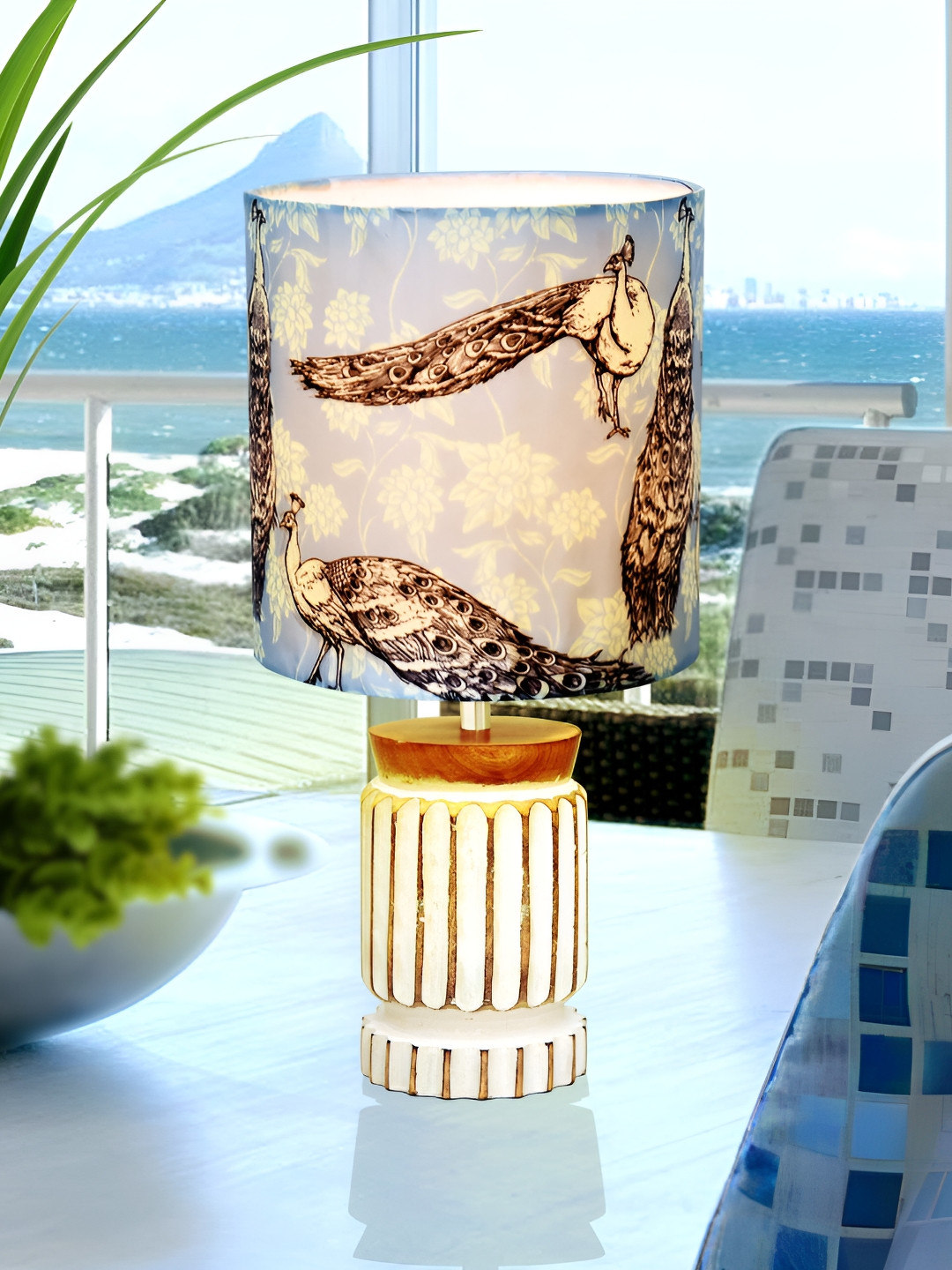 

Homesake Blue Printed Cylinder Shaped Cotton Contemporary Table Lamp with Bulb