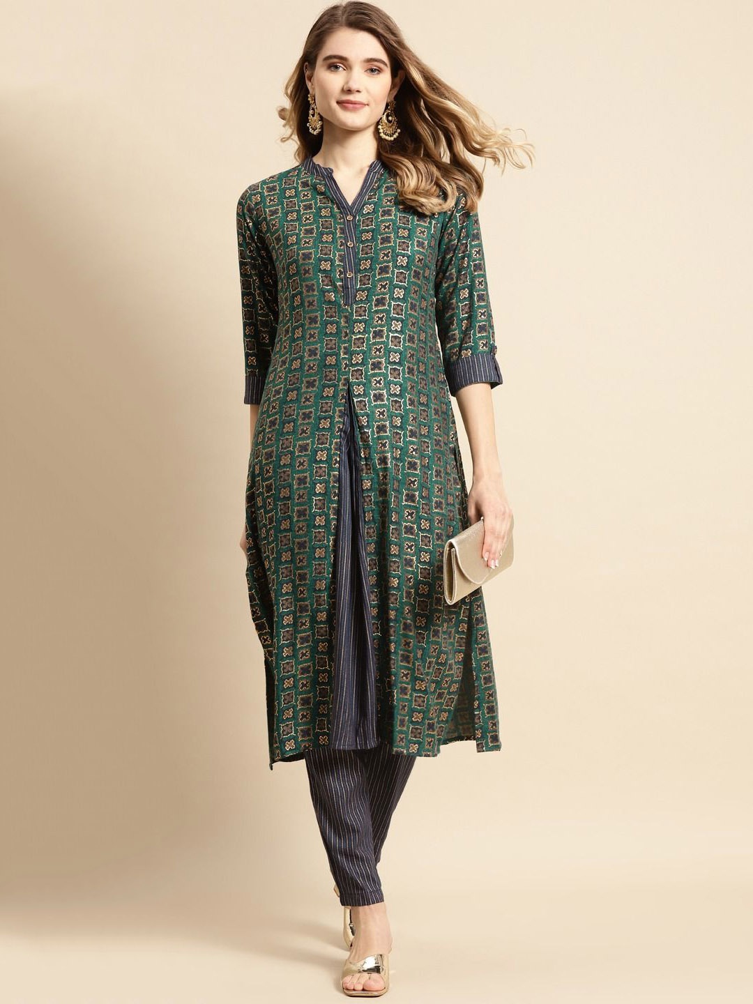 

Anouk Green Geometric Printed Straight Kurta With Trouser