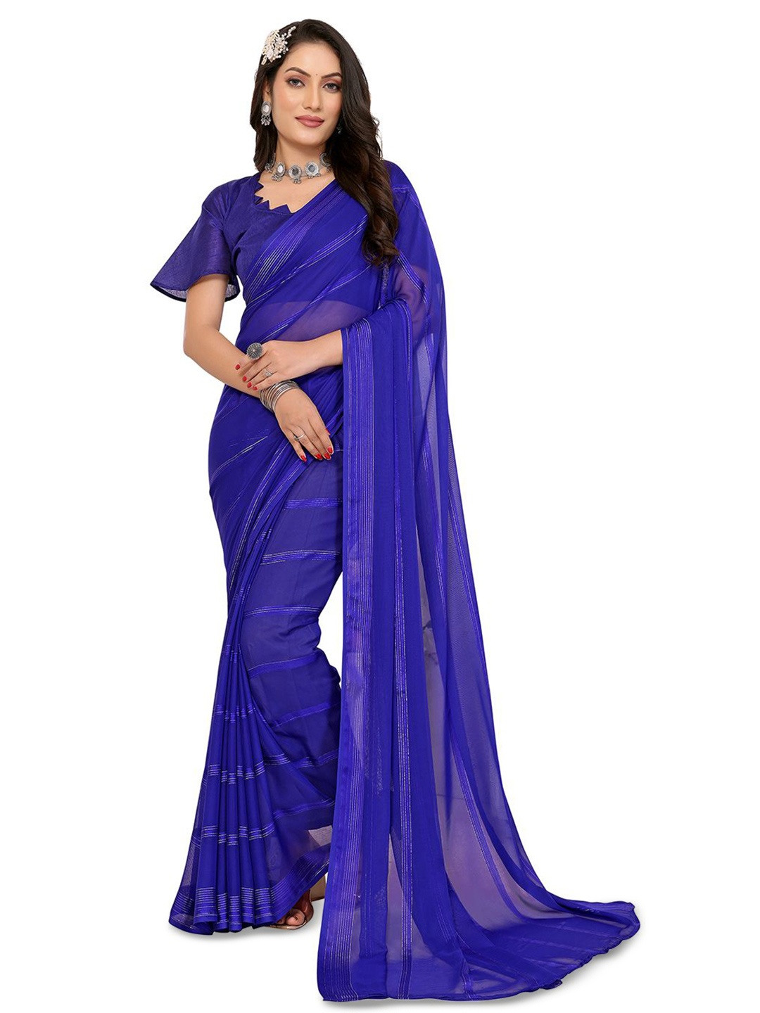 

ANAND SAREES Striped Satin Saree, Blue