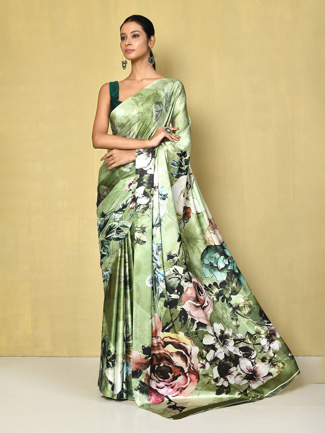 

Nazaakat by Samara Singh Floral Satin Saree, Green