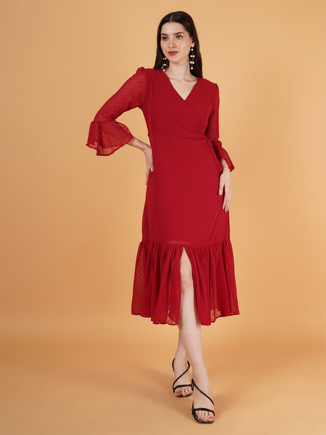 

Parona Women Bell Sleeve Wrap A-Line Midi Dress, Red