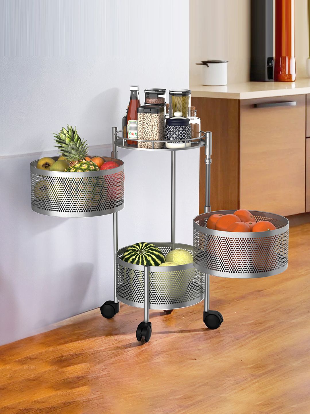 

Kuber Industries Silver Toned Textured 3-Tier Rotating Multi-Utility Organiser