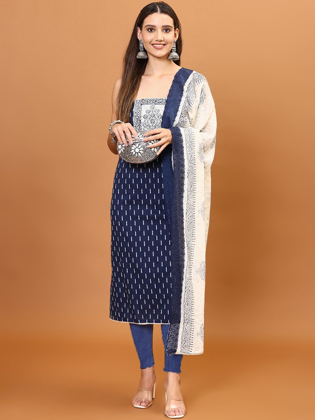 

Meena Bazaar Geometric Printed Cotton Unstitched Dress Material, Navy blue