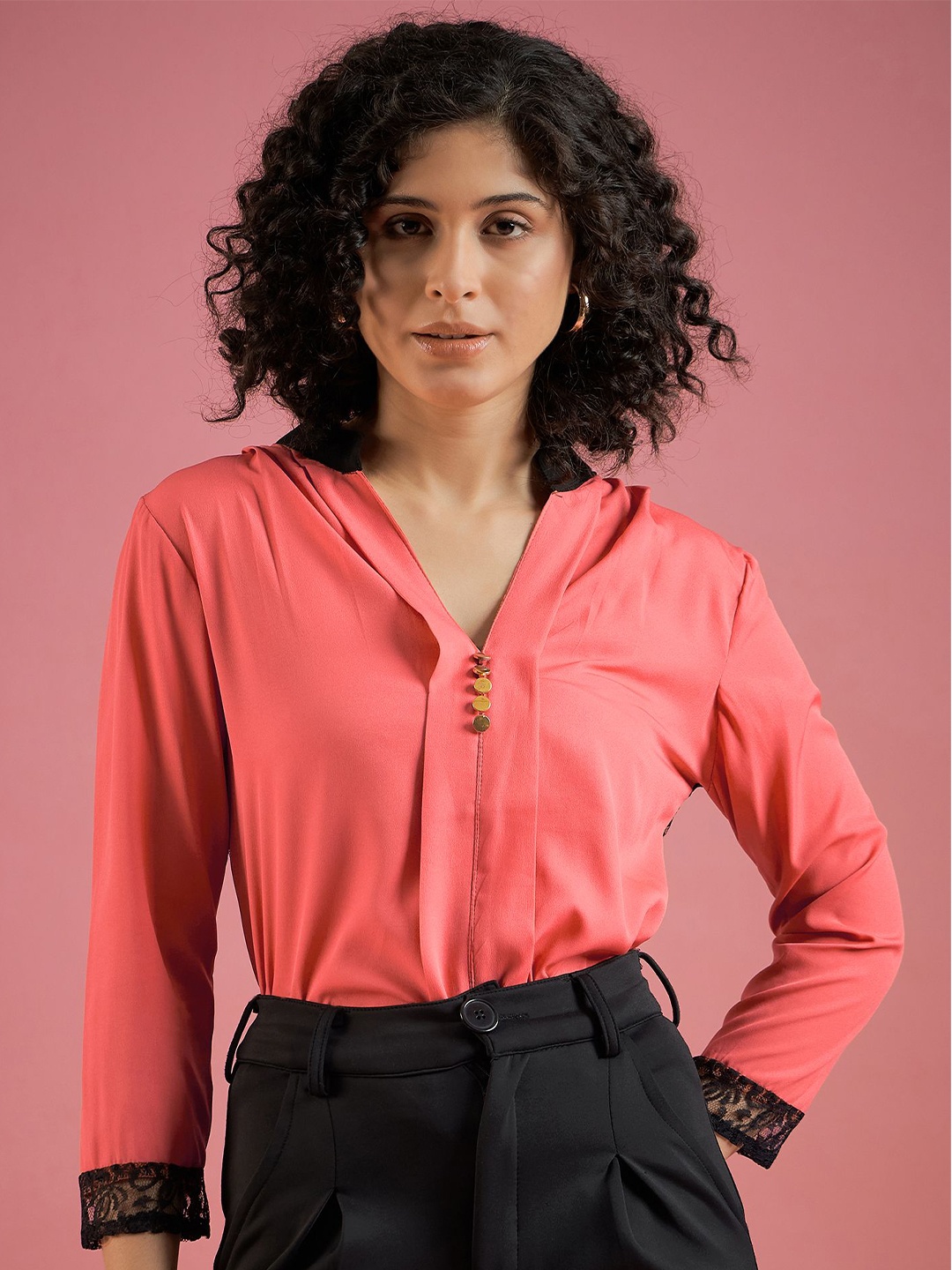 

Mayra Women Mandarin Long Sleeves Collar Casual Party Top, Pink