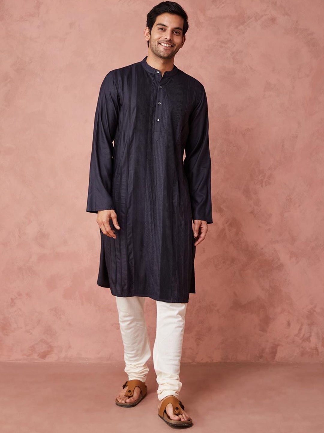 

Fabindia Slim Fit Striped Band Collar Pintucks Straight Kurta, Black