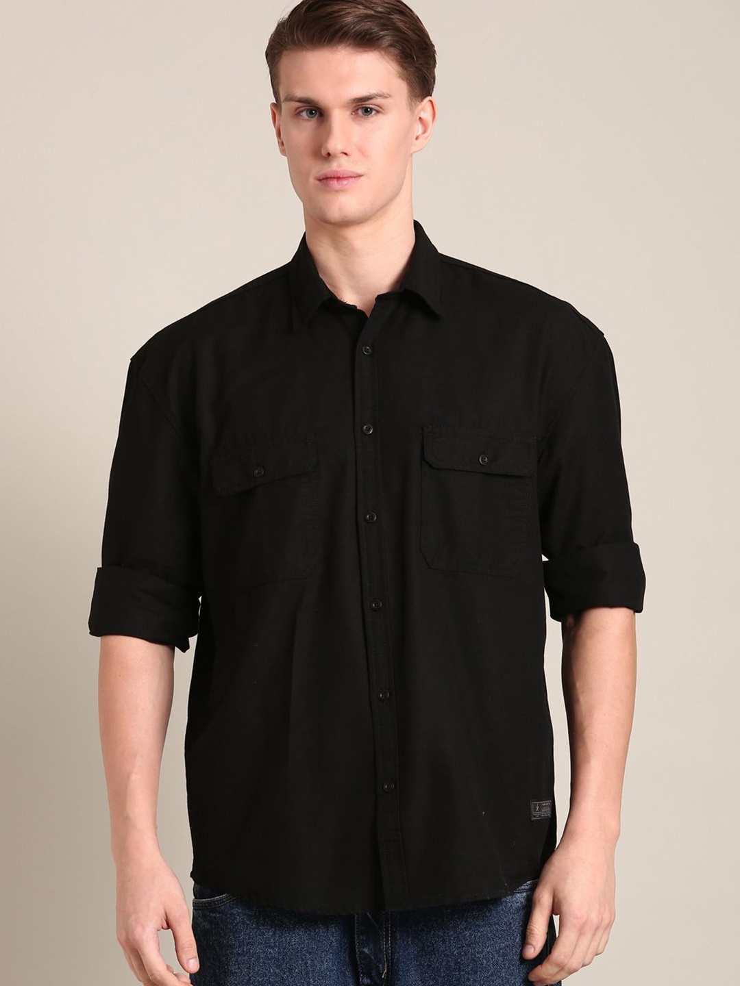 

The Roadster Lifestyle Co. Men Relaxed Solid Cotton Relaxed Fit Casual Shirt, Black