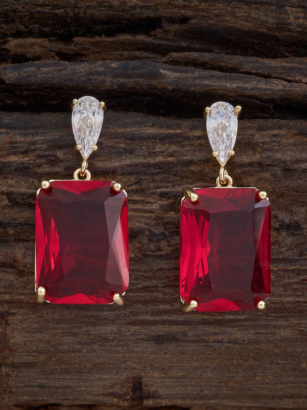 

Kushal's Fashion Jewellery Gold-Plated Square Shaped Cubic Zirconia Drop Earrings, Red