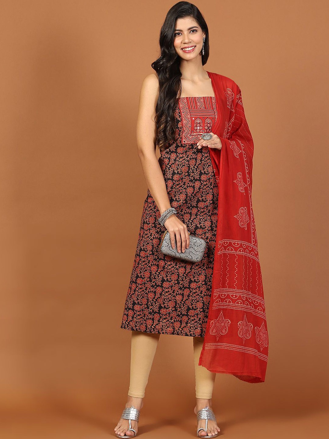 

Meena Bazaar Floral Printed Mirror Work Cotton Unstitched Dress Material, Black