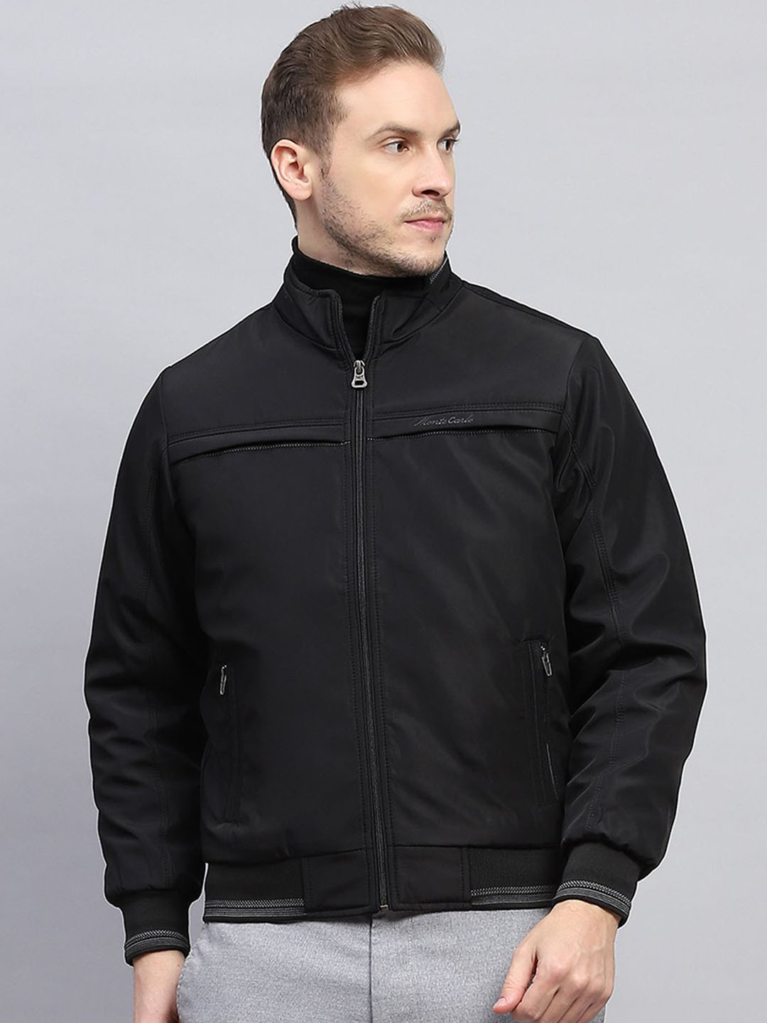 

Monte Carlo Men Mock Collar Solid Casual Bomber Jacket, Black