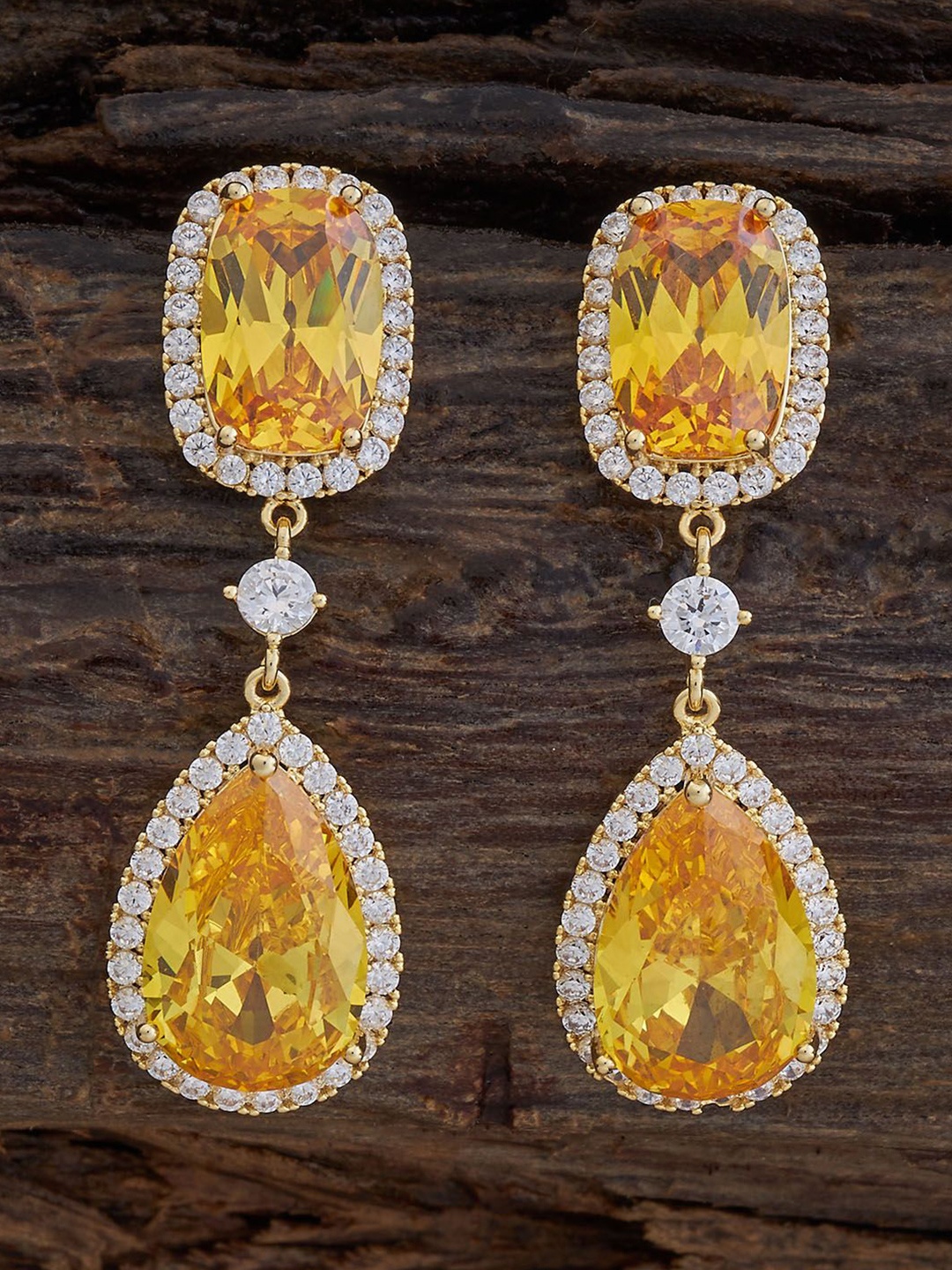 

Kushal's Fashion Jewellery Gold-Plated Teardrop Shaped Cubic Zirconia Drop Earrings