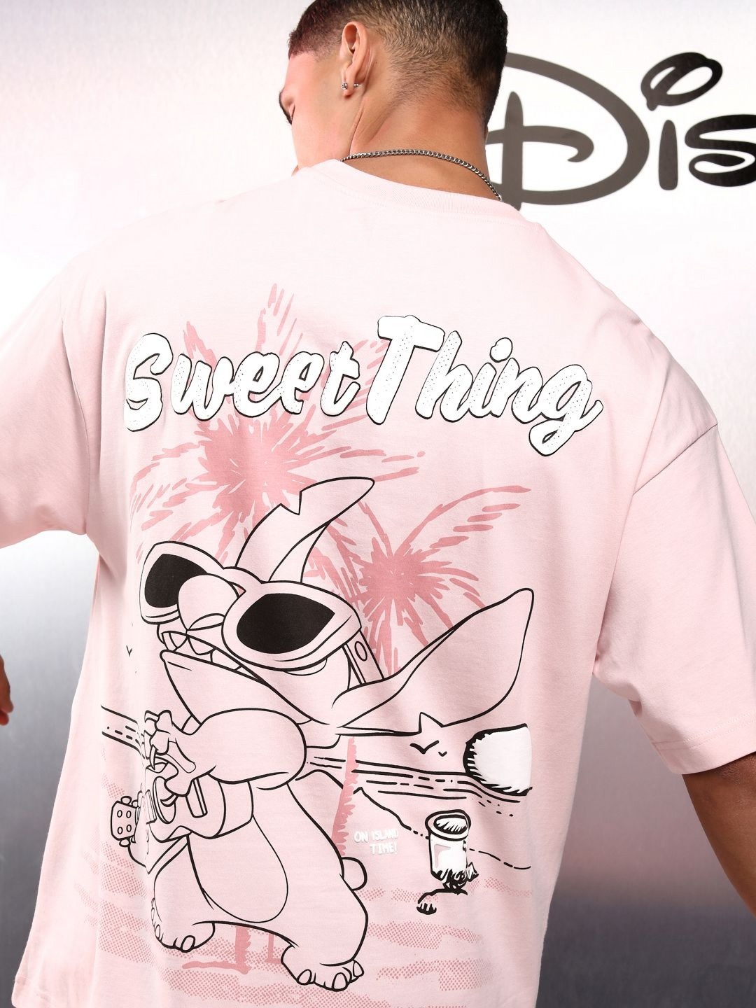 

HIGHLANDER Disney Men Stitch Short Sleeve Oversized Drop Shoulder Tshirt, Pink