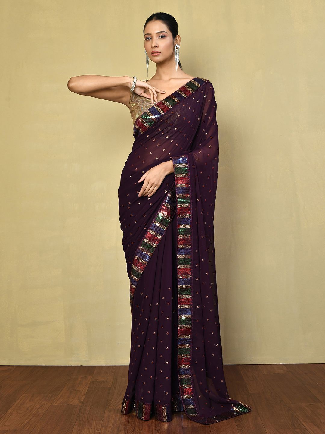 

Nazaakat by Samara Singh Floral Embroidered Poly Georgette Saree, Purple