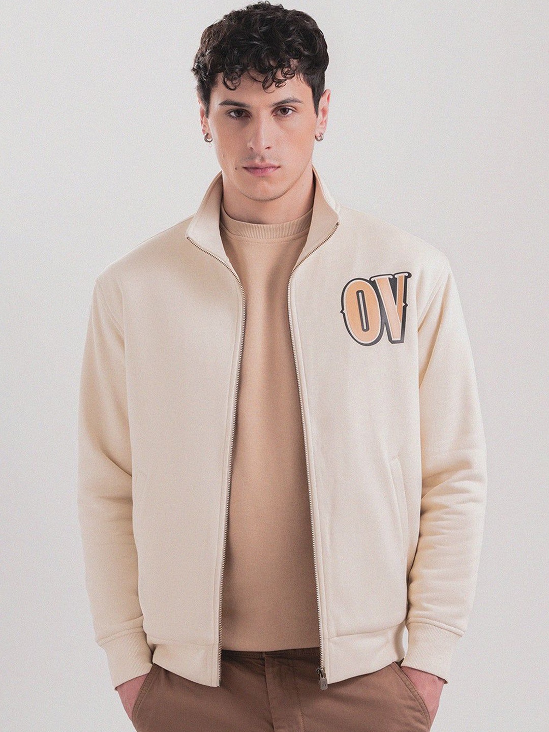 

Overlays Men Mock Collar Graphic Printed Cotton Casual Bomber Jacket, Beige