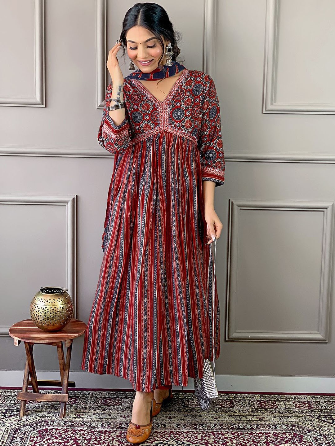 

MORLY Floral Printed Pleated Mirror Work Kurta with Trouser & Dupatta, Maroon