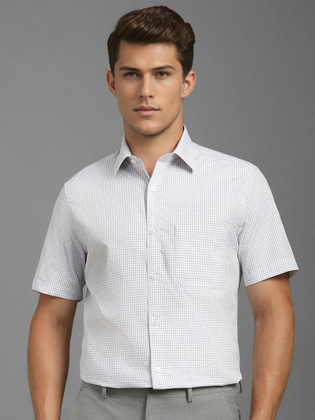 

Louis Philippe Men Classic Spread Collar Micro Checked Cotton Formal Shirt, White