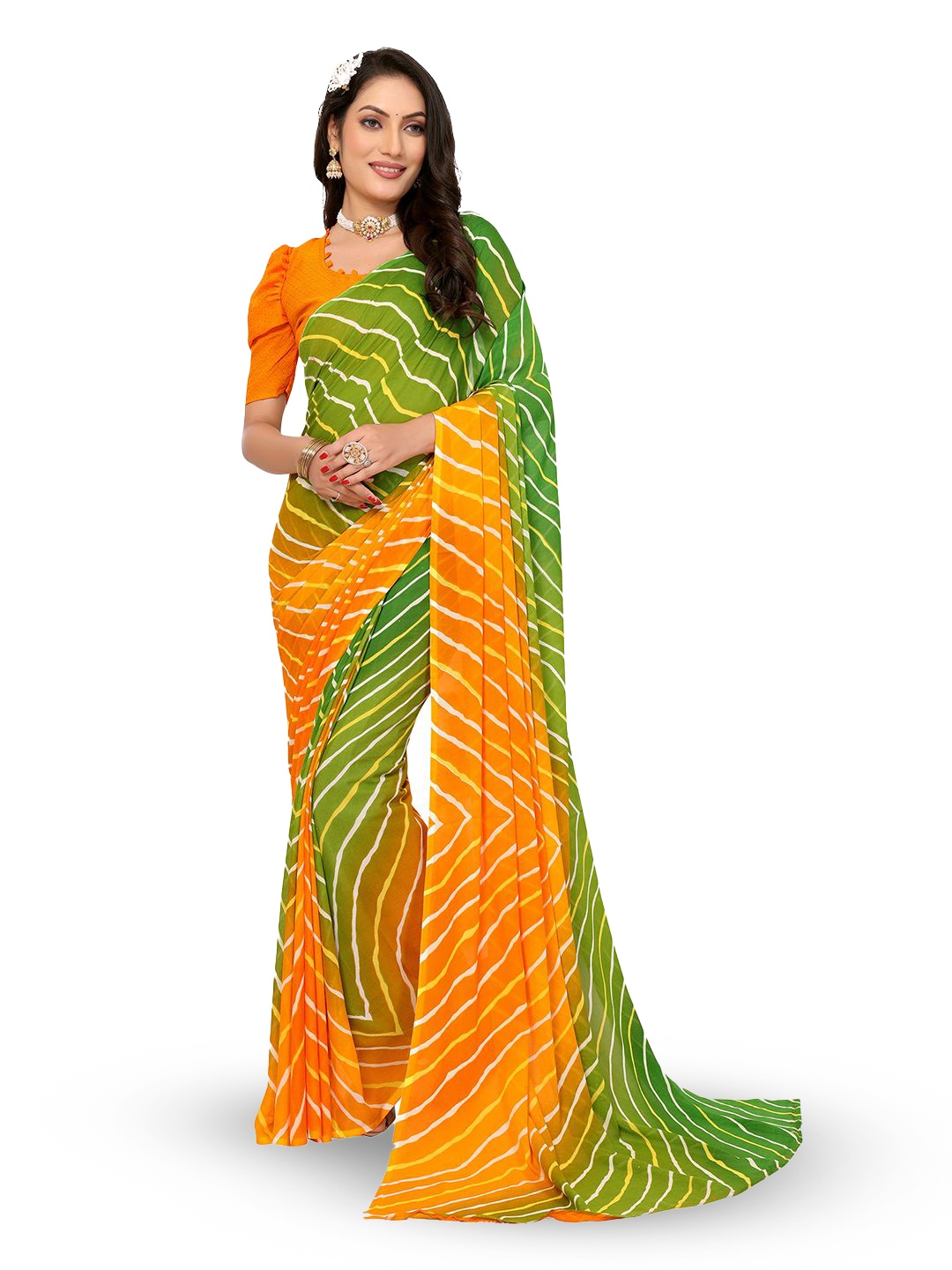 

Moda Rapido Striped Poly Georgette Saree, Yellow