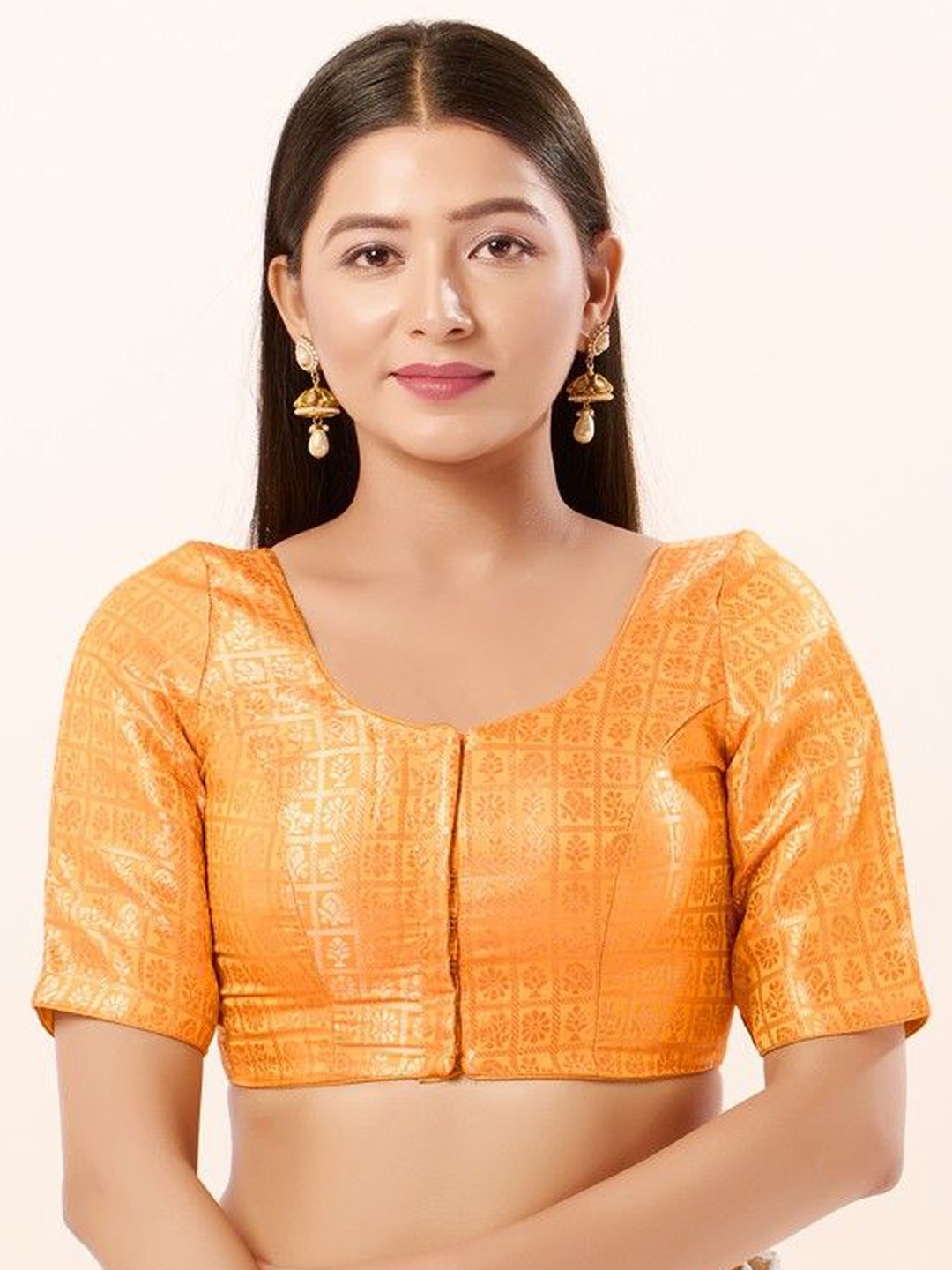 

Mmore Women Brocade Readymade Woven Design Padded Saree Blouse, Yellow