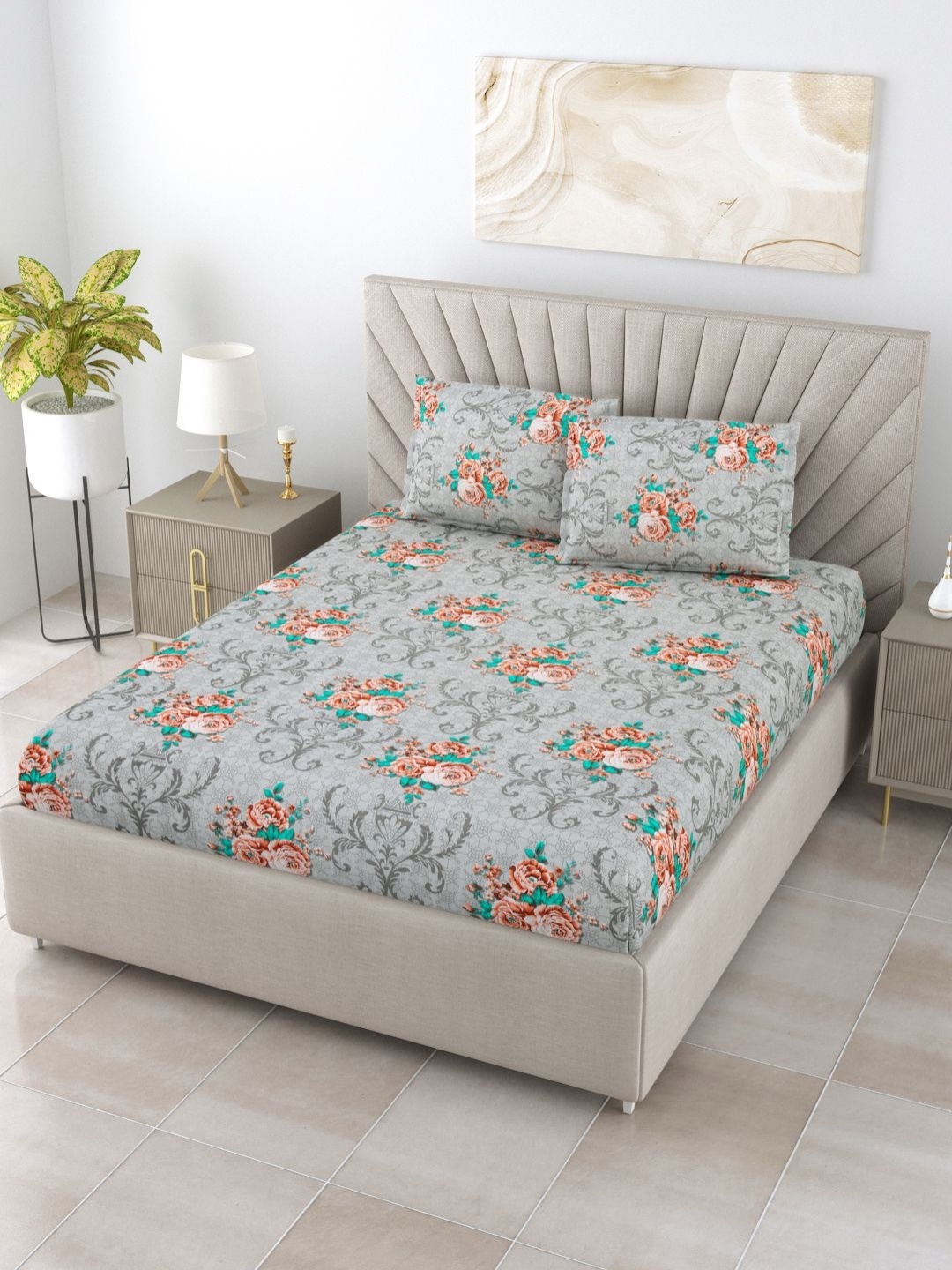 

BOMBAY DYEING Grey & Pink 104 TC Cotton Queen Bedsheet with 2 Pillow Covers 2 x 2mt