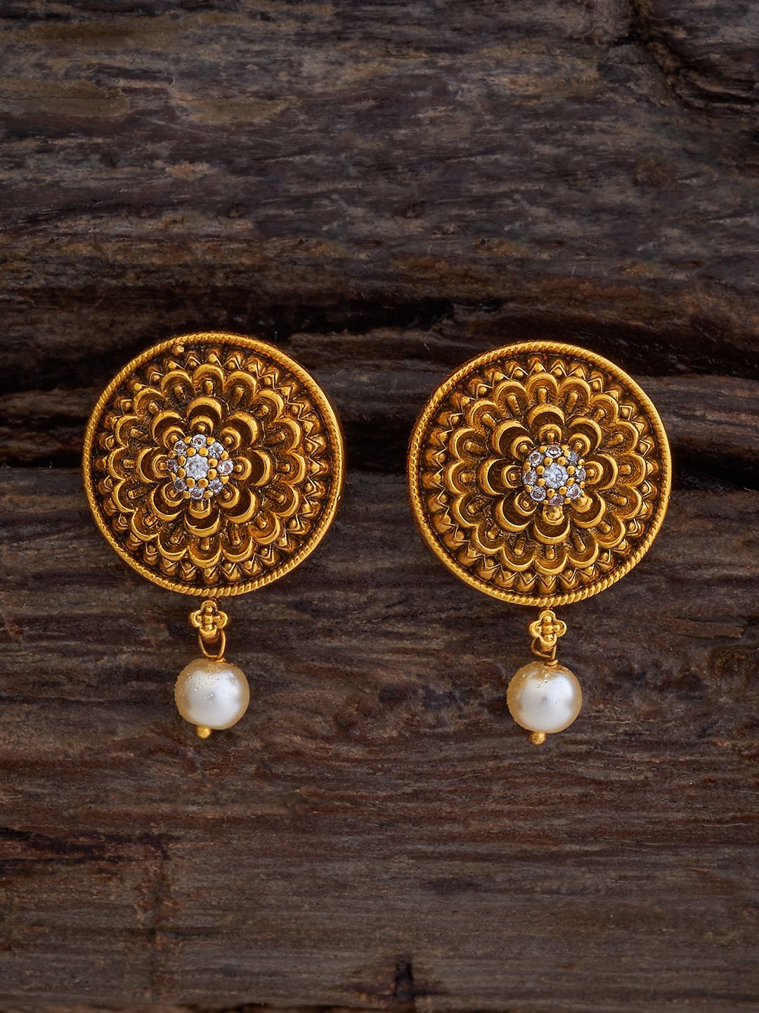 

Kushal's Fashion Jewellery Gold-Plated Oval Shaped Cubic Zirconia Antique Drop Earrings